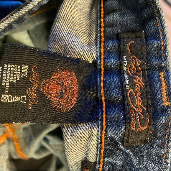 Ed Hardy Blue Jeans with Skull and Rose Embroidery - Picture 6 of 12